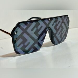 Stylish Black Logo-Pattern Shield Sunglasses